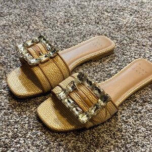 a new day Gold Tan Jeweled Slide Sandals